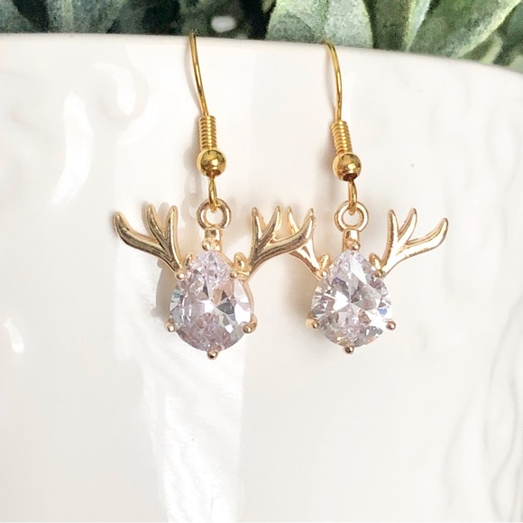 New Rhinestone Crystal Deer Stag Reindeer 18k gold plated hooks Sparkle Earrings - Picture 6 of 9